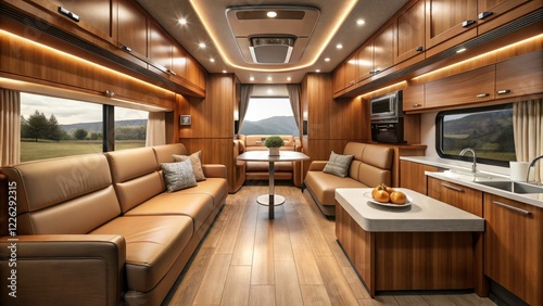 Minimalist Motor Home Interior Design with Dark Orange Palette - Centered Perspective Photography