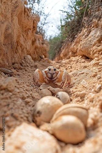 Crab cautiously guarding eggs in a rocky crevice under bright daylight photo