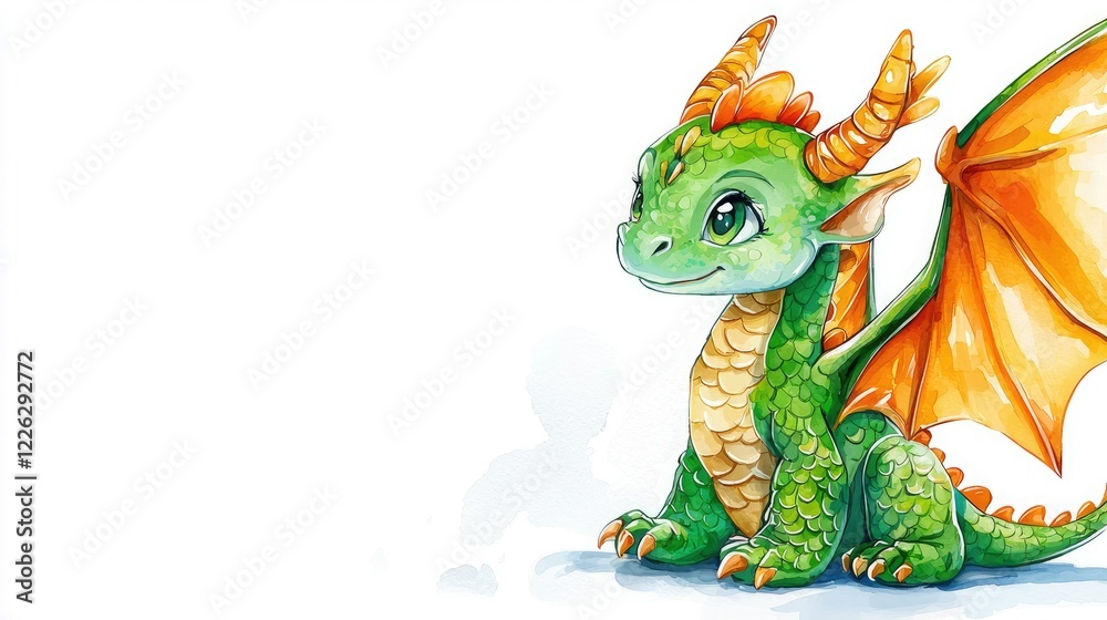 A cute, green dragon character with vibrant orange wings and friendly eyes, illustrated in a whimsical, watercolor style. A cute, green dragon character with vibrant orange wings and friendly eyes, illustrated in a whimsical, watercolor style.