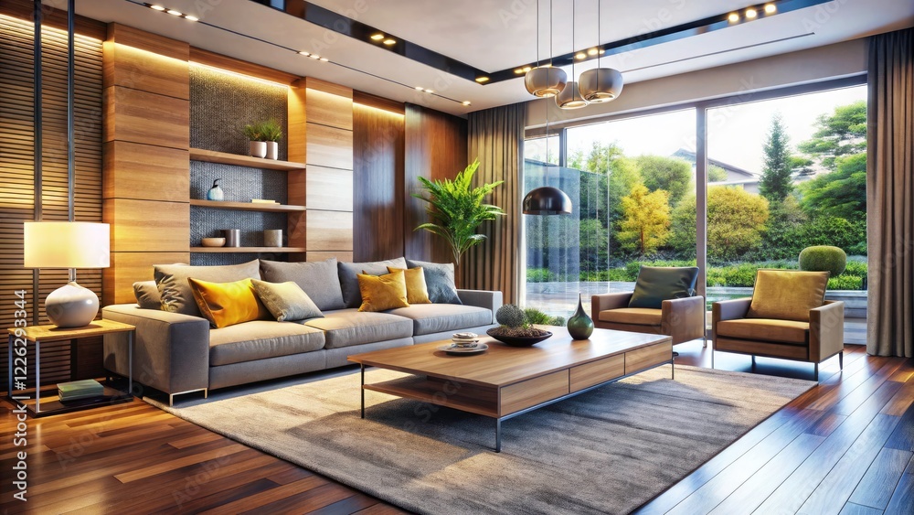 Modern Interior Design of a Spacious Living Room with Empty Wall Space for Personalization, Bright Lighting, and Contemporary Furniture Arrangement in a Stylish Home Setting Modern Interior Design of a Spacious Living Room with Empty Wall Space for Personalization, Bright Lighting, and Contemporary Furniture Arrangement in a Stylish Home Setting