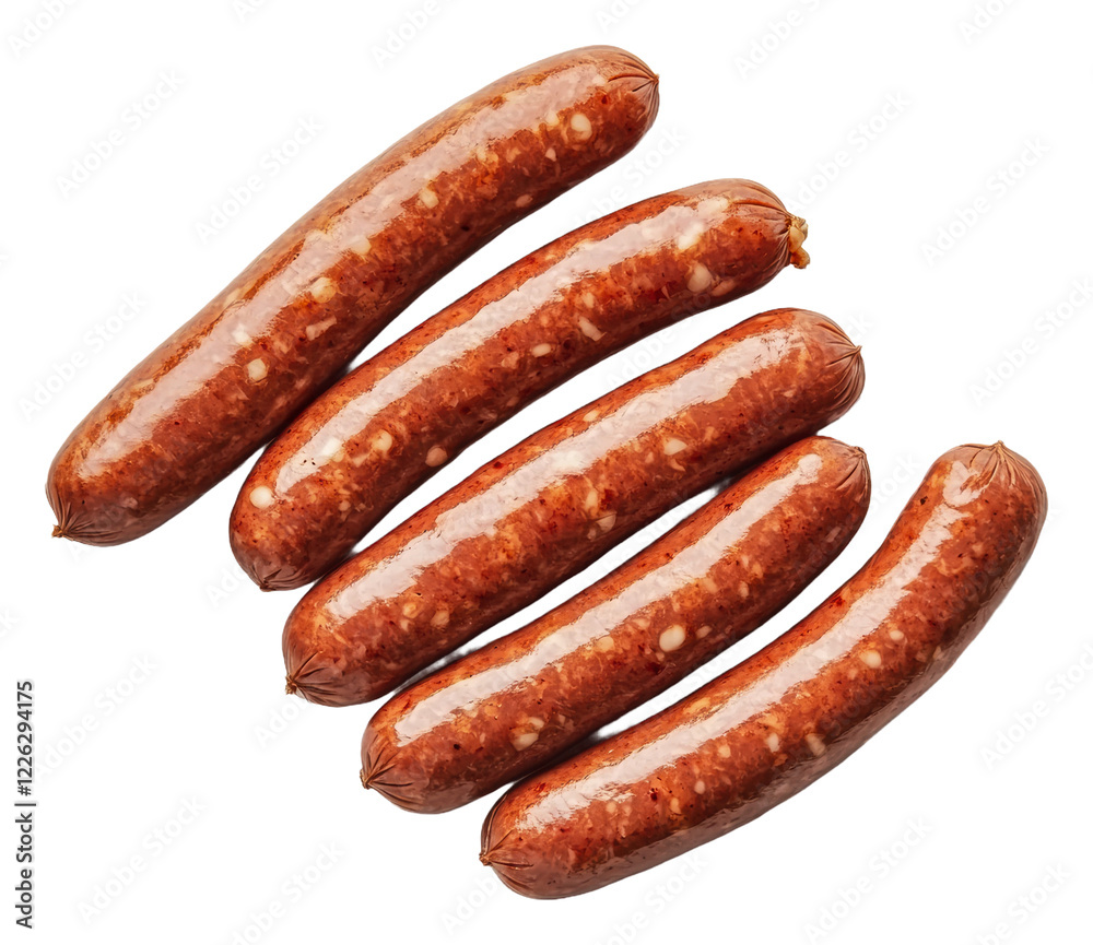 Five fresh sausage links ready for grilling isolated on transparent background Five fresh sausage links ready for grilling isolated on transparent background