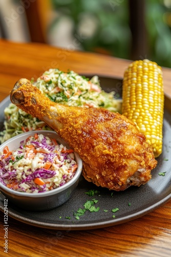 Delicious crispy fried chicken leg with coleslaw and corn on the cob