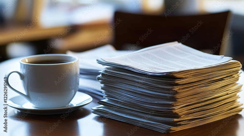 Coffee Cup Next to Stack of Papers on Wooden Table Surface Coffee Cup Next to Stack of Papers on Wooden Table Surface