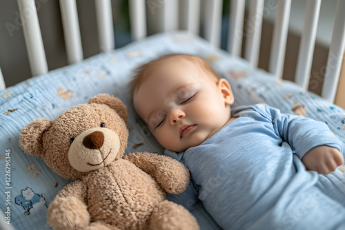 Sweet baby peacefully sleeping in crib with teddy bear, adorable infant napping soundly.