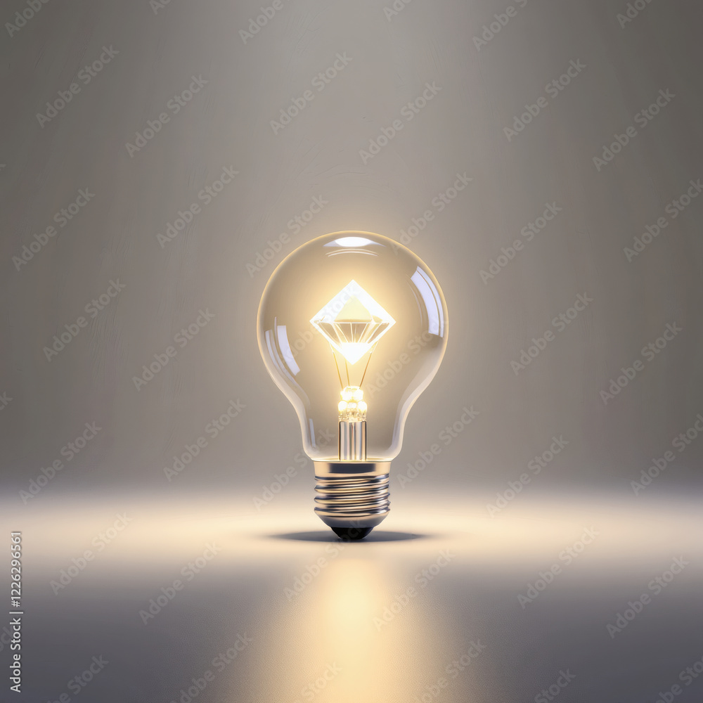A glowing lightbulb with a sparkling diamond inside, radiating clarity and focus. Set against a soft gradient background with reflective surfaces A glowing lightbulb with a sparkling diamond inside, radiating clarity and focus. Set against a soft gradient background with reflective surfaces