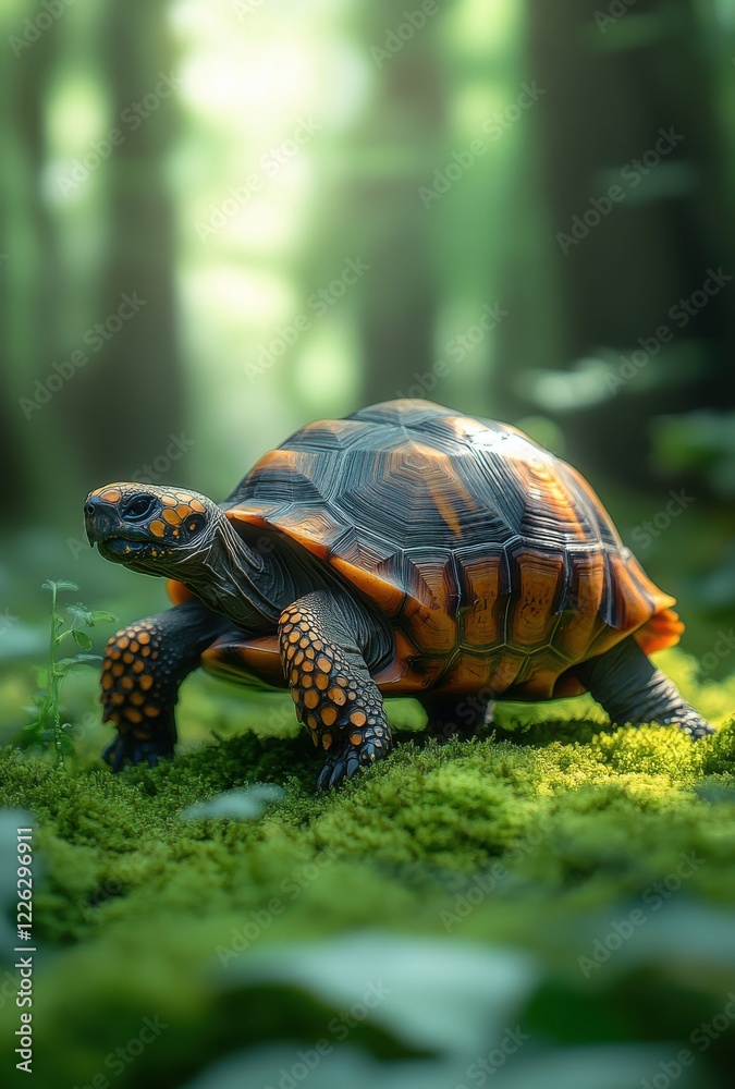 Obraz premium Vibrant Turtle on Lush Green Moss Surrounded by Soft Light in a Serene Forest Setting with Ethereal Background Elements for Nature Lovers
