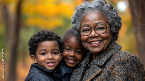 Grandmother's Love: A heartwarming autumn portrait of an African-American grandmother with her two grandchildren, beaming with joy and affection, amidst the vibrant colors of fall foliage.