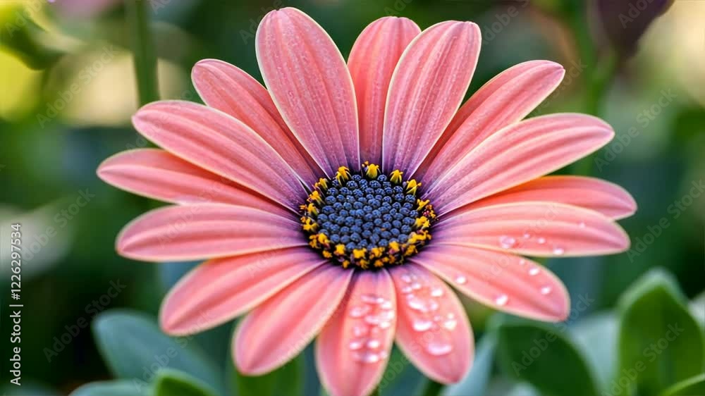 Vibrant Pink Flower Blossom Close Up of Delicate Petals with Water Droplets in Lush Garden, Showcasing Natures Freshness and Beauty. Vibrant Pink Flower Blossom Close Up of Delicate Petals with Water Droplets in Lush Garden, Showcasing Natures Freshness and Beauty.