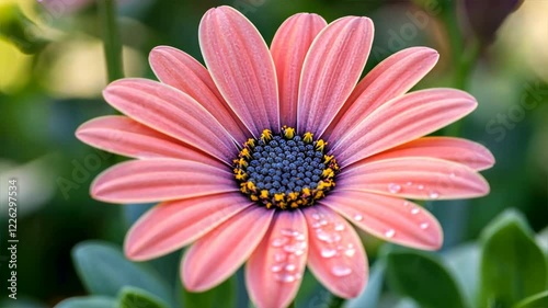 Vibrant Pink Flower Blossom Close Up of Delicate Petals with Water Droplets in Lush Garden, Showcasing Natures Freshness and Beauty.