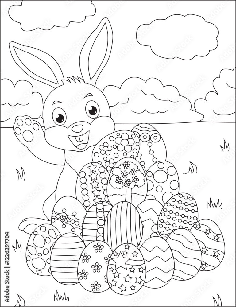 Easter egg hunt bunny with eggs coloring page vector Easter egg hunt bunny with eggs coloring page vector