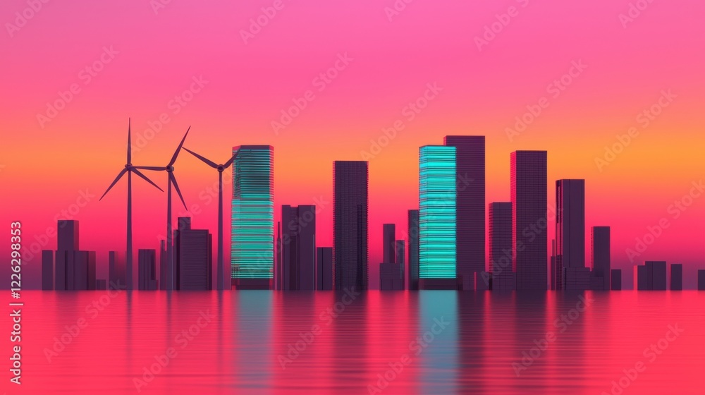 Fototapeta premium Renewable Energy Energy Efficiency Conservation concept. Futuristic Skyline with Renewable Wind Turbines and Energy Efficient Skyscrapers at Dusk