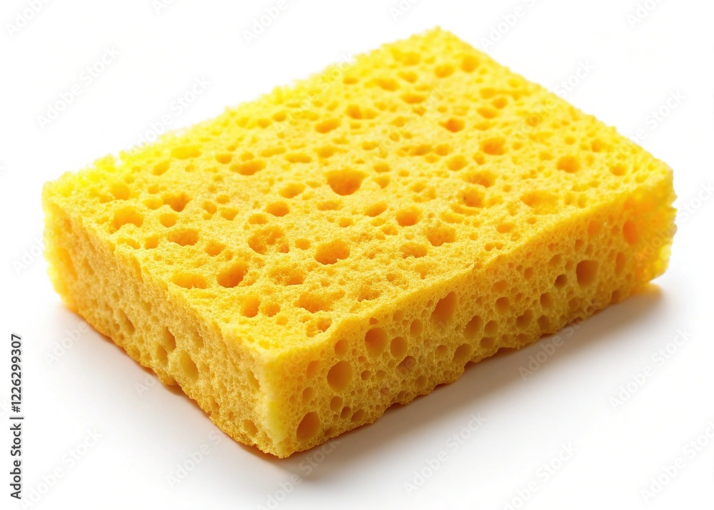 Aerial View: Yellow Dish Sponge Isolated on White Background, Clean Kitchen Cleaning Supplies Aerial View: Yellow Dish Sponge Isolated on White Background, Clean Kitchen Cleaning Supplies