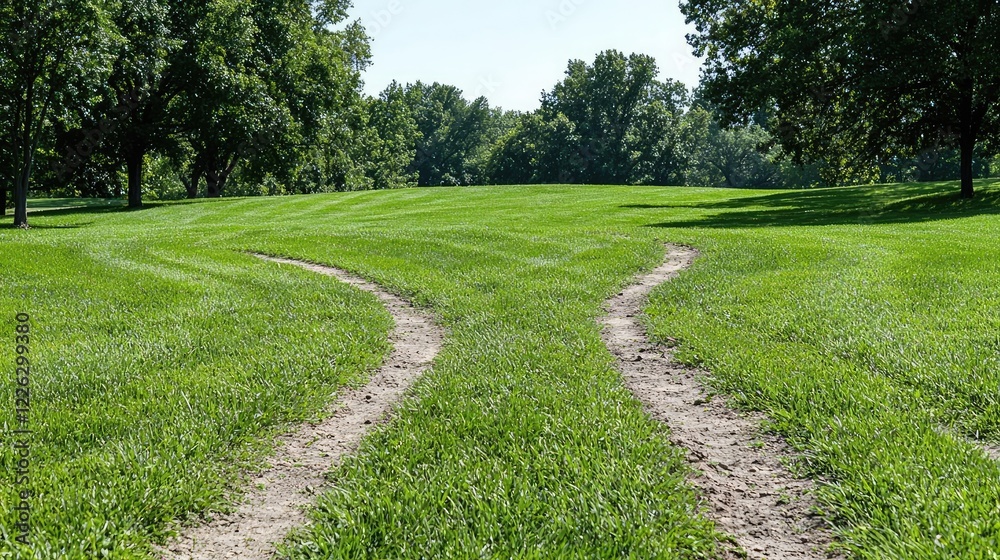 Grassy field paths diverge, trees background, choice concept, website banner Grassy field paths diverge, trees background, choice concept, website banner