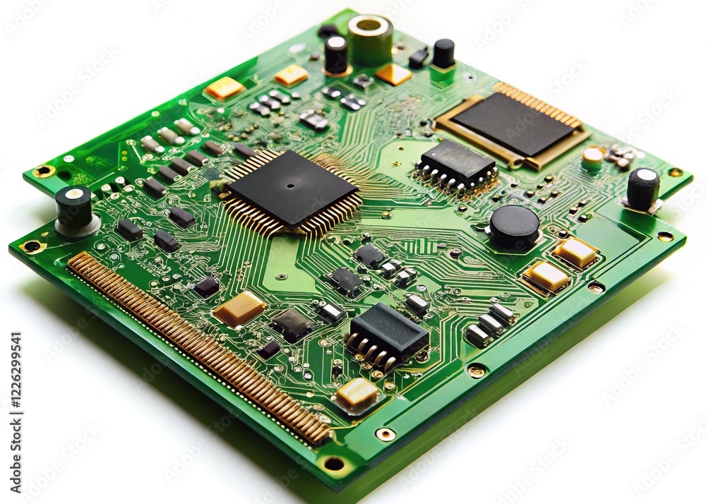Angled View of Green Electronic Circuit Board with Chips, Isolated on White Angled View of Green Electronic Circuit Board with Chips, Isolated on White