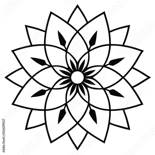 Black Silhouette Mandala Design with Intricate Patterns on White Background