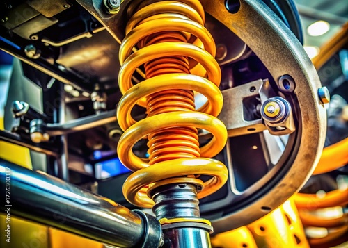 Close-up Documentary Shot: Modern Car Shock Absorber Strut and Coil Spring Suspension System