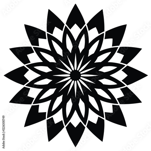 Black Silhouette Mandala Design with Intricate Patterns on White Background