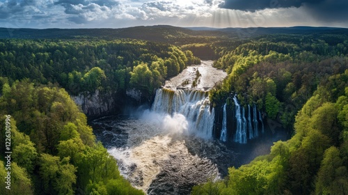 Aerial view of lush forest waterfall, sun rays breaking through clouds, nature background, tourism