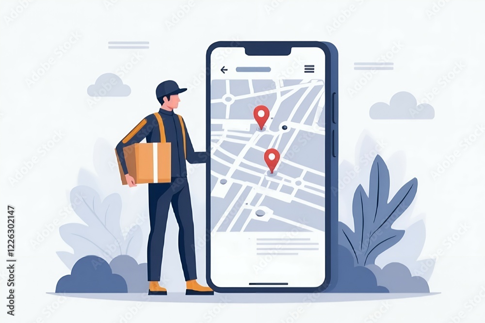 A delivery man standing next to a large smartphone screen displaying a package tracking app A delivery man standing next to a large smartphone screen displaying a package tracking app