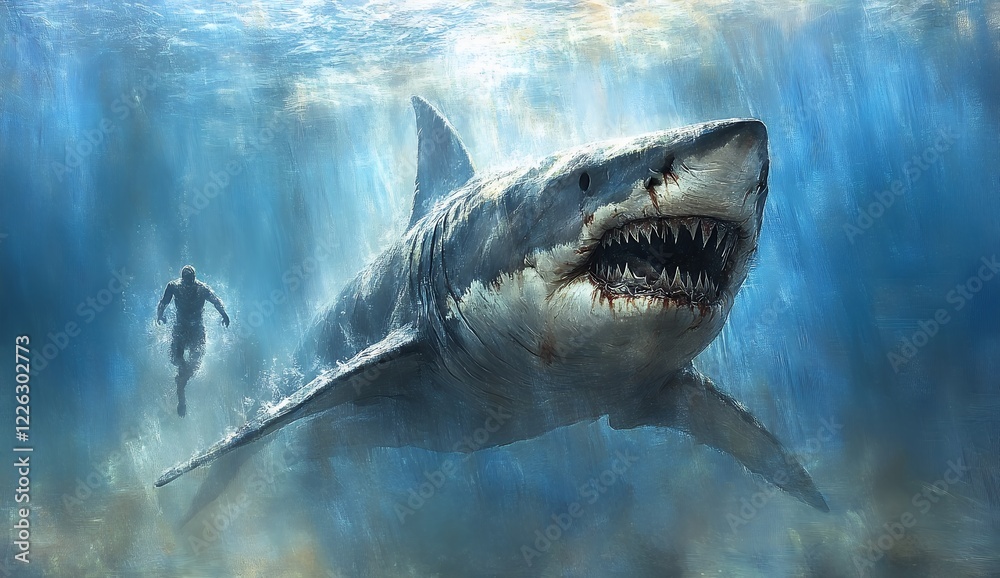 Fototapeta premium Great White Shark Pursuit Underwater Dramatic Ocean Scene