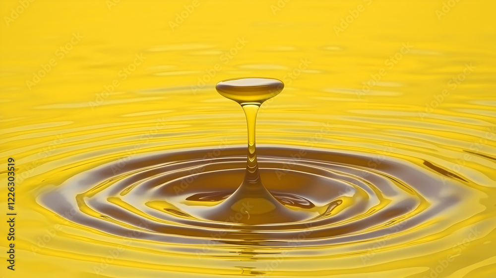 Golden liquid drop falling, ripples, yellow background, science concept Golden liquid drop falling, ripples, yellow background, science concept