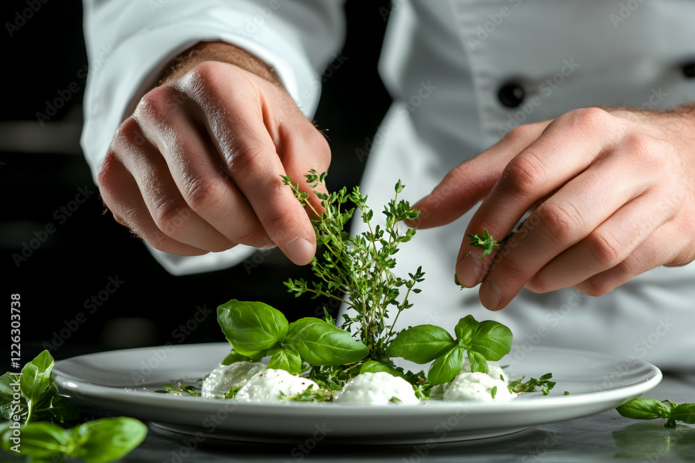 Close-up of chef's hands delicately placing fresh thyme and basil sprigs onto a gourmet cheese dish, showcasing culinary artistry and food presentation.