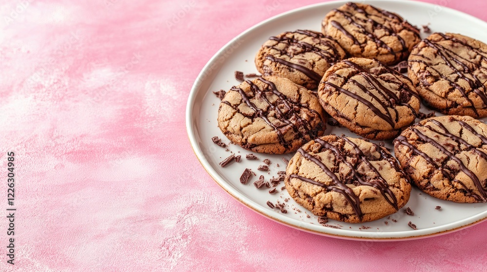 A plate of freshly baked chocolate cookies with crumbs and chocolate drizzle on a bright pink surface. A plate of freshly baked chocolate cookies with crumbs and chocolate drizzle on a bright pink surface.