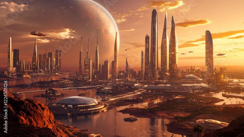 Futuristic Cityscape at Sunset: A Martian Metropolis