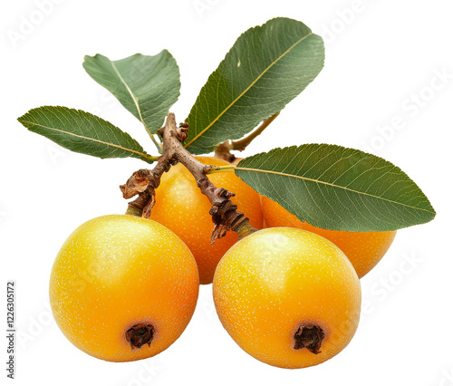 Loquats with green leaves on white isolated on transparent background