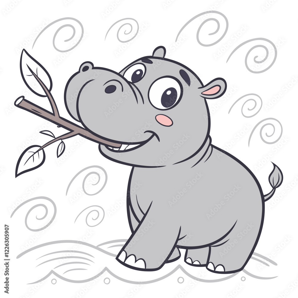 Cute Cartoon Hippo Holding a Twig with Water Wave Accents. Perfect for: World Water Day, Safari Theme Parties, Zoo Events Cute Cartoon Hippo Holding a Twig with Water Wave Accents. Perfect for: World Water Day, Safari Theme Parties, Zoo Events