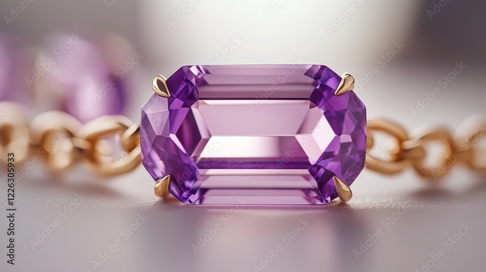 A close-up of a stunning purple gemstone set in a gold chain, showcasing its brilliant cut and luxurious design. A close-up of a stunning purple gemstone set in a gold chain, showcasing its brilliant cut and luxurious design.
