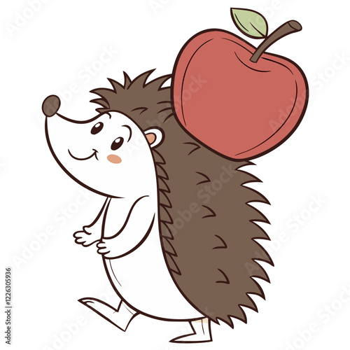 Cute Cartoon Hedgehog Carrying an Apple with a Cheerful Expression. Perfect for: Autumn Festivals, Back to School, Thanksgiving