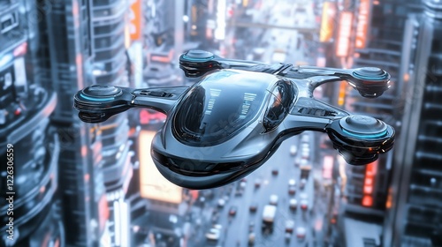 Futuristic Flying Car Soaring Above Cityscape