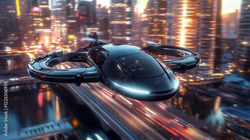 Futuristic Flying Car Soaring Over Cityscape at Night