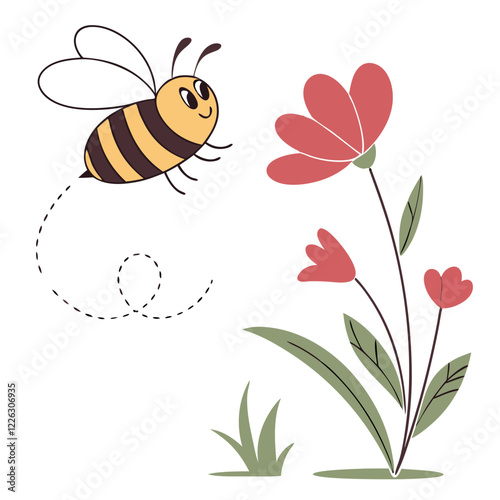 Cute Small Bee Flying Near a Flower with Striped Patterns. Perfect for: World Bee Day, Environmental Awareness, Spring Celebrations