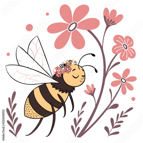 Adorable Small Bee with Floral Crown and Spread Wings. Perfect for: Spring Festivals, Environmental Awareness, Gardening Events