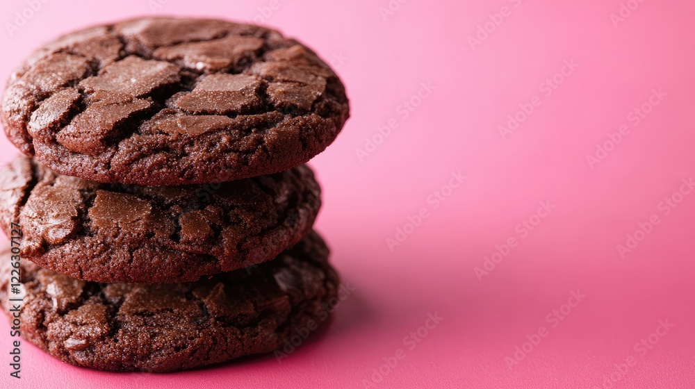 A stack of chunky chocolate cookies on a vibrant pink background, creating a playful and delicious visual. A stack of chunky chocolate cookies on a vibrant pink background, creating a playful and delicious visual.