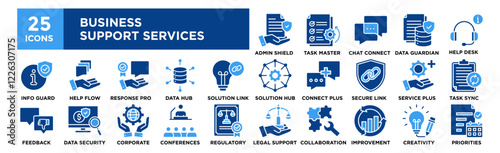 Business Support Services icon collection set. Containing design support, service, business, call, center, customer, tech, technology	
