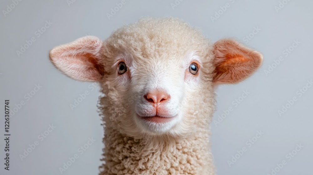 Obraz premium Cute young lamb looking directly at the camera in a close-up studio portrait against a neutral grey background.