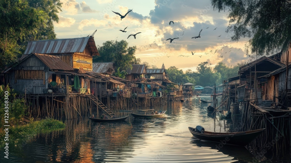 Water Village Houses Sunset Birds Flying Over River Water Village Houses Sunset Birds Flying Over River