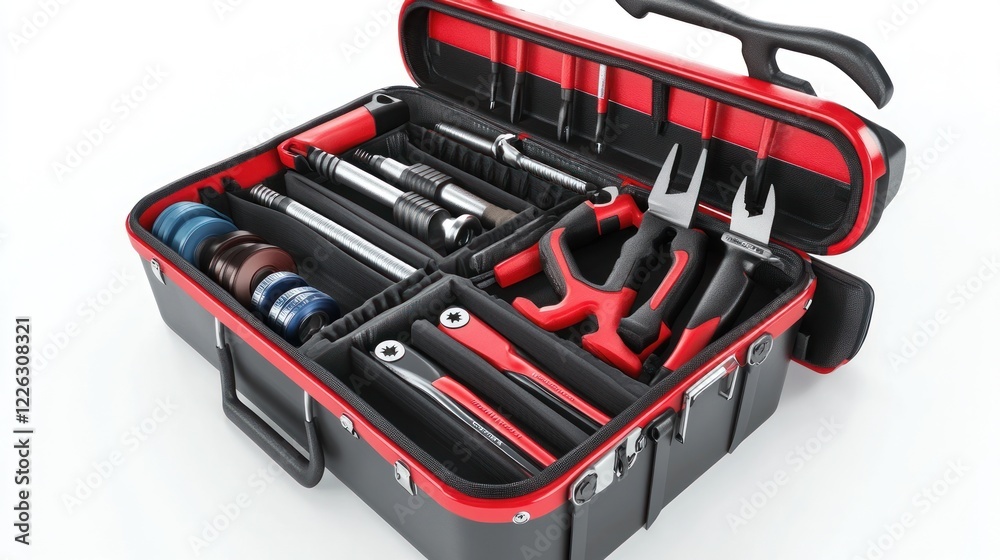 Professional Tool Kit: Red and Black Carry Case with Complete Set of Mechanics Tools Professional Tool Kit: Red and Black Carry Case with Complete Set of Mechanics Tools