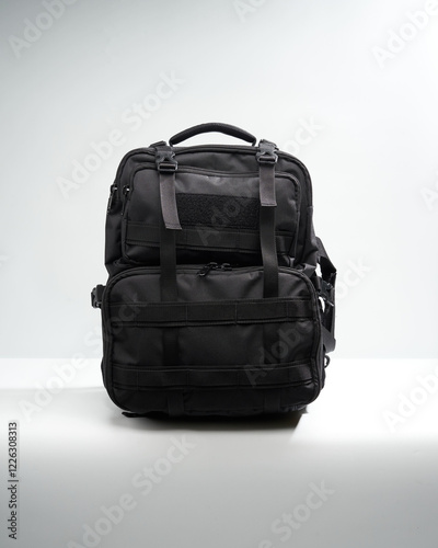 This tactical backpack showcases a sleek black design featuring multiple compartments and durable zippers, ideal for outdoor activities