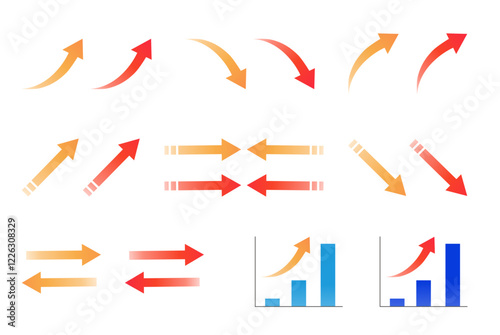 黄色と赤のグラデーションのスタイリッシュな矢印やグラフのセット　ベクター