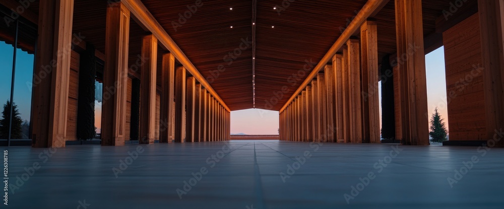 Sunset view through long wooden colonnade. Use Architecture, design Sunset view through long wooden colonnade. Use Architecture, design