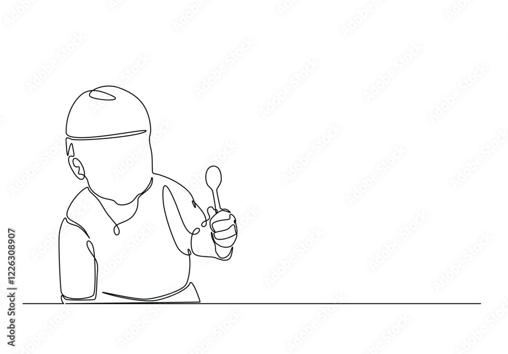 Cute baby holding spoon in continuous one line drawing. Single line art draw of baby boy spoon eats itself . Editable vector. Cute baby holding spoon in continuous one line drawing. Single line art draw of baby boy spoon eats itself . Editable vector.