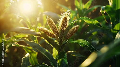 Fresh corn plants basking in sunlight, showcasing vibrant green leaves in sunlit field, capturing essence of natures growth and agricultural harvest.
