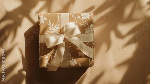 A beautifully wrapped gift box with floral-patterned paper and a satin ribbon, placed in warm sunlight with soft leaf shadows