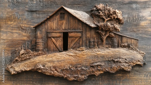 Rustic Wooden Barn Carving: A Masterpiece of Wood Sculpture photo