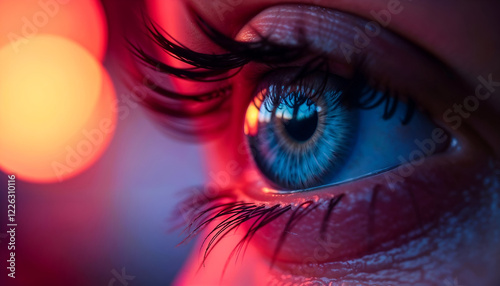 Closeup of a Vibrant Human Eye Illuminated by Neon Lights with Intense Focus and Detail. 