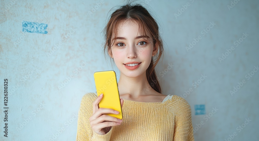 Woman Smiling Using Smartphone in Natural Light with Pastel Background Woman Smiling Using Smartphone in Natural Light with Pastel Background
